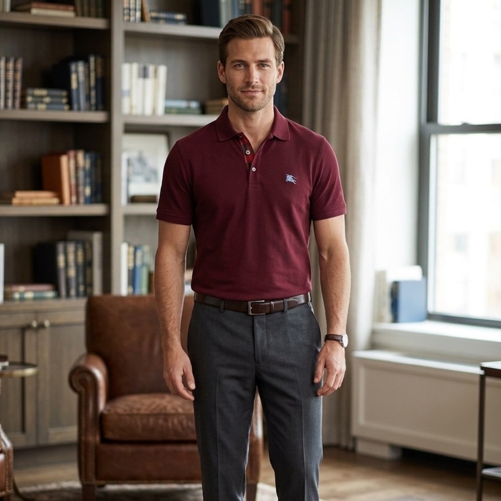 Burberry Burgundy Honeycomb Knit Novacheck Placket Detail Polo (M6)